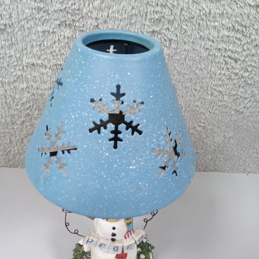 Snowman Peace Candle Holder Lamp Blue Snowflake Metal‎ Shade Winter Decor 11
